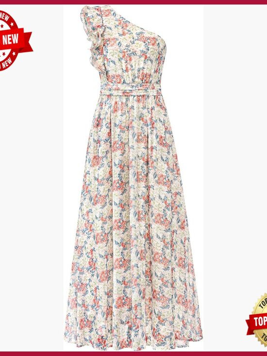 Dresses & Skirts - One Shoulder Floral Maxi Dress Smocked Back Ruffle Sleeveless Beach Wedding